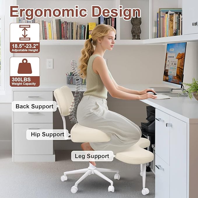 Meditation Chair, Cross Legged ADHD Office Chair for Adults with Wheels Ergonomic Back Support and Leg Rest for Multi Position Criss Cross Sitting Kneeling and Yoga Height Adjustable, Leather Style