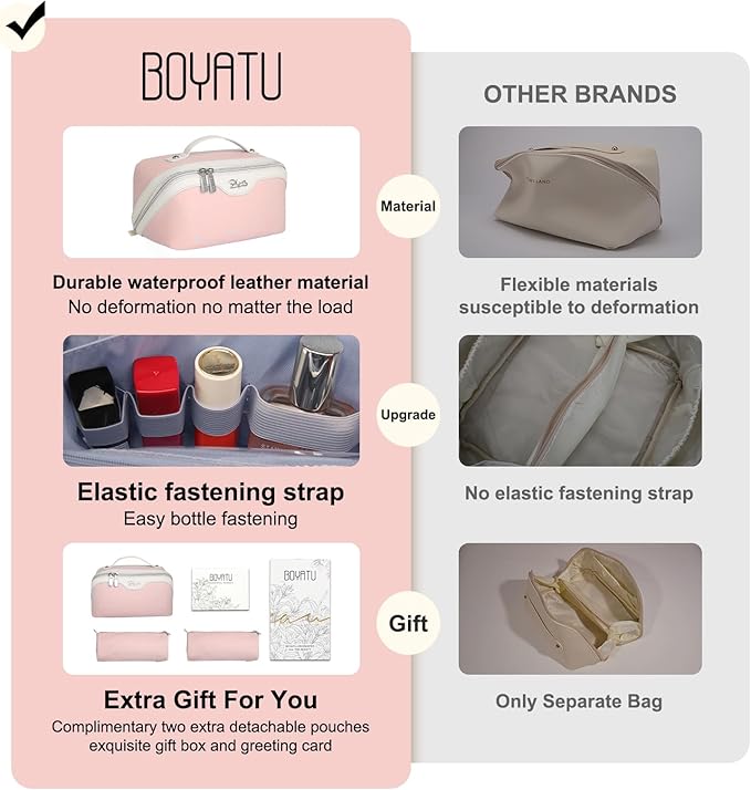 BOYATU Travel Makeup Bag Organizer Cosmetic Bag: 3 Pcs Set Make up Bags for Women with Handle - Waterproof Vegan Leather Toiletry Bags Travel Essentials Pouch with Compartments (D-04-Pink)