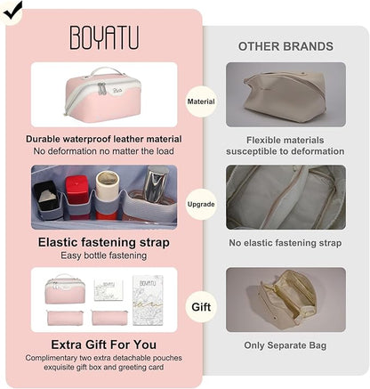 BOYATU Travel Makeup Bag Organizer Cosmetic Bag: 3 Pcs Set Make up Bags for Women with Handle - Waterproof Vegan Leather Toiletry Bags Travel Essentials Pouch with Compartments (D-04-Pink)