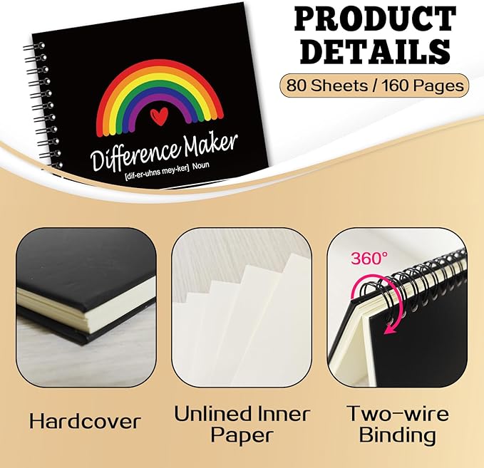 YAZMEEN Difference Maker Definition Blank Spiral Notebook（160 Pages） Rainbow Hardcover Sketchbook Social Worker Notebook Employee Appreciation Gift Funny Office Gift for Teacher Coworker Boss Leader