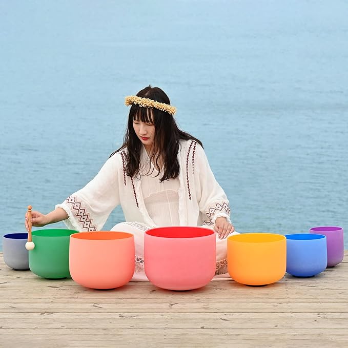 432HZ 6''-12'' Set of 7 Colored Crystal Singing Bowl Set Crystal Sound Healing Frosted Chakra Quartz bowls with 2 Case Bags and Rubber Mallets