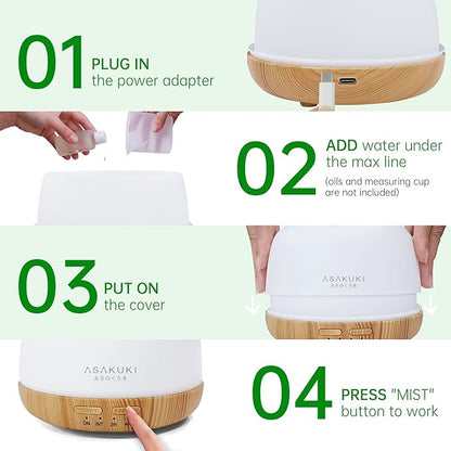 ASAKUKI Essential Oil Diffuser, 300ml Ultrasonic Aromatherapy Oil Humidifier with 7 Colors Lights 2 Mist Mode for Home