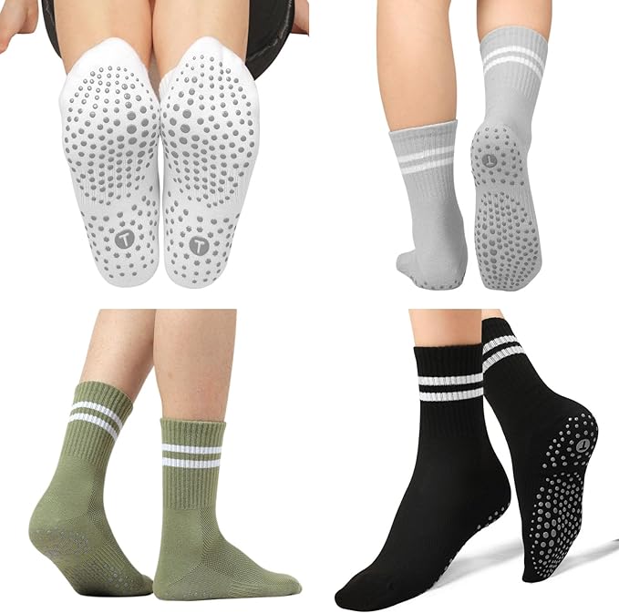 Toes Home Pilates Socks for Women with Non Slip Grippers, Yoga Crew Socks for Barre Hospital Sticky Slipper Socks 4 Pairs