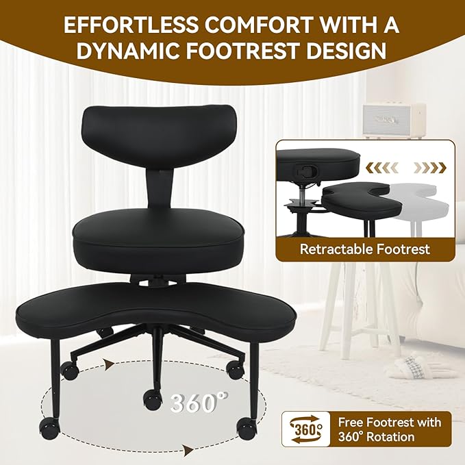 ELECWISH Meditation Chair, ADHD Chair for Adults with Wing Back Support, Criss Cross Kneeling Yoga Desk Office Use with Wheels, Height Adjustable seat and Leg Rest, Black