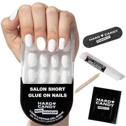 Short White Press On Nails | Hard Candy False Nails with Real White Nail Polish| Includes - 24 Reusable Short Round Nails, Strong Nail Glue, Travel Case and Accessories.