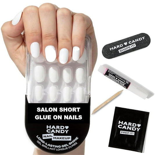 Short White Press On Nails | Hard Candy False Nails with Real White Nail Polish| Includes - 24 Reusable Short Round Nails, Strong Nail Glue, Travel Case and Accessories.
