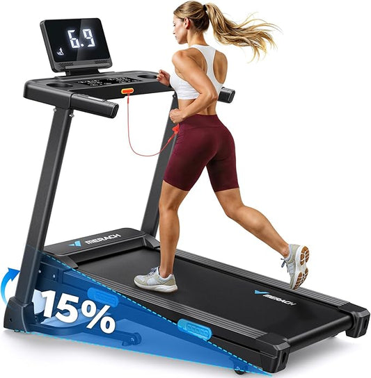 MERACH Treadmills for Home with Incline 6%-15%, 300 LBS Capacity Double Deck Foldable Treadmill with Incline, 0.5-7.5MPH Quiet 2.5HP Brushless Incline Treadmill LED Display with Smart APP
