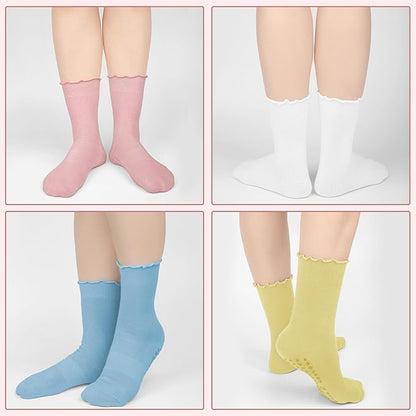 4 Pairs Pilates Socks with Grips for Women Yoga Ruffle Cute Grip Socks Pilates Non Slip Crew Ballet Hospital Workout
