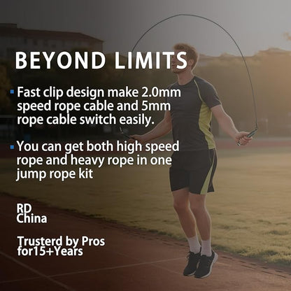 Speed Jump Rope with Weights - Interchangeable 2mm & 5mm Dual Cables Fast-Clip System for CrossFit, Double Unders, HIIT - Adjustable 9.8-10ft Speed Rope for Men/Women/Kids Home Gym