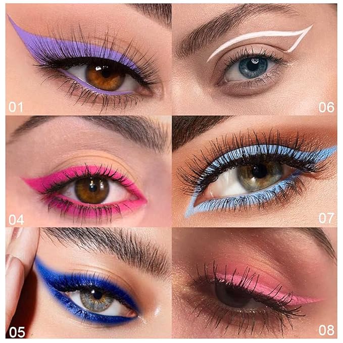 evpct 8 Colors Colored Colorful Matte Liquid Makeup Eyeliner Liquid Set Stamps Shapes for Eyes, Pink Red Yellow Blue Purple White Black Liquid Eyeliner Waterproof Color Eye Liners Pencil for Women 01