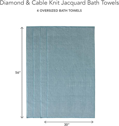 Texere 100% Organic Cotton Jacquard 650 GSM Premium Bath Towel Sets - Extra Absorbent Quick Dry and Plush (Cable, Smoke Blue, 4 Bath Towels)