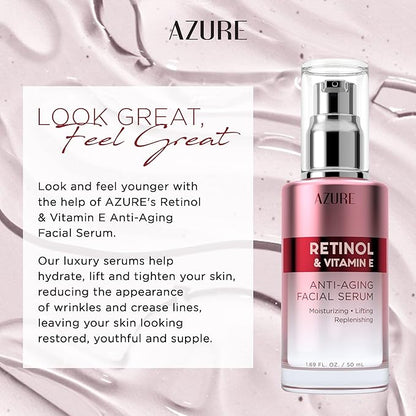 Azure Cosmetics Retinol Serum For Face - Dermatologist Tested, Anti Aging for Dark Spots & Skin Smoothing - Vitamin E for Replenishing & Skin Renewal - Vegan, Clean Beauty, Korean Skin Care - 1.69 oz
