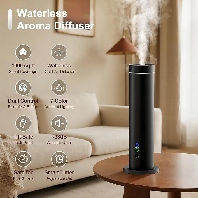 Waterless Diffuser, 1000 Sq.Ft Coverage, Essential Oil Diffuser with Tilt-Safe, Remote Control, Adjustable Mist Mode, Mood Lights Aromatherapy Diffuser for Home, Large Room, Office, Hotel, Black
