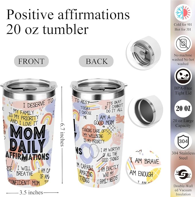 Mom Daily Affirmations for Women Mom Gifts Mother Mental Health Birthday Christmas Mothers Day Inspirational Thank You Gifts for Women Mama Mommy to Be, 20oz Tumbler Makeup Bag Pen Notebook, 6PCS