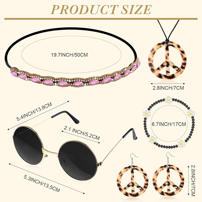 Batiyeer 6 Pcs Hippie Costume Accessories Set, Boho Peace Sign Daisy Flower 60s 70s Party Favors Decor for Groovy Party Women