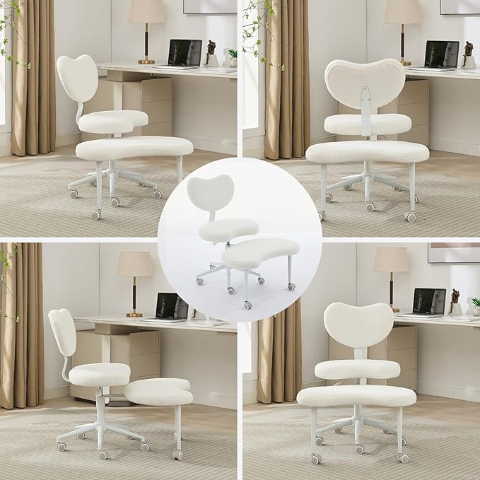 Meditation Chair with Wheels, Ergonomic Criss Cross Chair, Adjustable ADHD Floor Sitting Chair, Swivel Cross Legged Office Chair with High Back, Kneeling Posture Chair, Teddy Fabric,Ivory