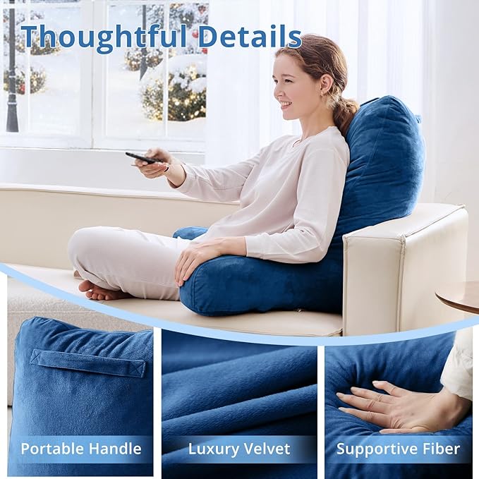Sasttie 25-inch Reading Pillows for Sitting in Bed Adult, Jumbo Velvet Back Pillow Bed Sitting Up, XL High Back-Rest Support Cushion for Sit Up on Couch & Floor, Oeko-Tex Certified, Navy