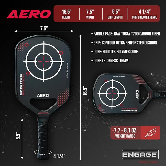 Engage Evolution Aero Pickleball Paddle | Raw Toray T700 Carbon Fiber Pickleball Paddle | Hybrid Elongated Shape | HoldTEK Polymer Core | USAPA Approved | Designed for Power and Control - Scarlet Red
