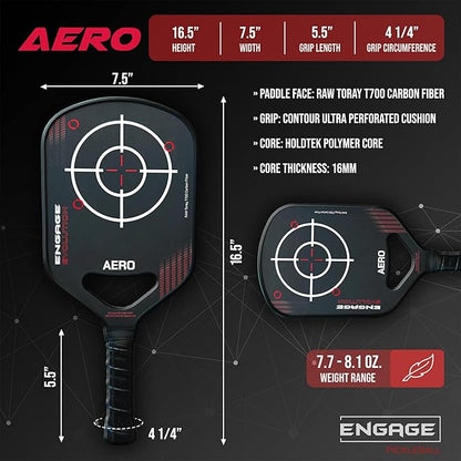 Engage Evolution Aero Pickleball Paddle | Raw Toray T700 Carbon Fiber Pickleball Paddle | Hybrid Elongated Shape | HoldTEK Polymer Core | USAPA Approved | Designed for Power and Control - Scarlet Red
