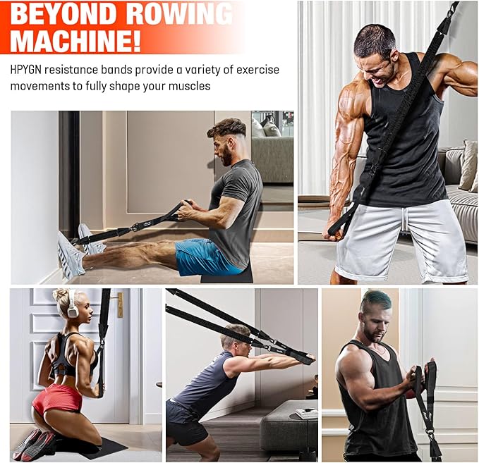 HPYGN Rowing Resistance Bands, Best Replacement for Rowing Machine, Home Gym Workout Equipment for Arms, Shoulders, Core, Back, Glutes and Legs, Rowing Workout, Cardio, Low-Impact, Portable Home Gym