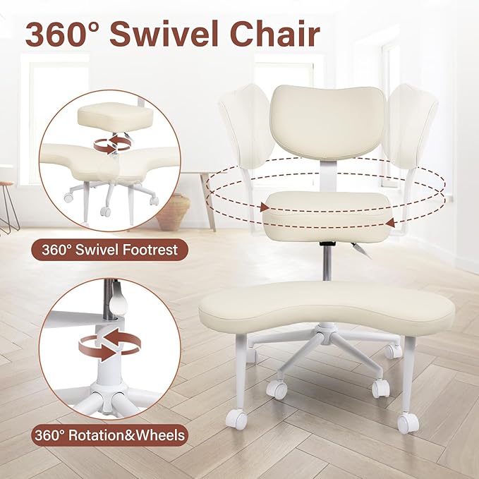 Meditation Chair, Cross Legged ADHD Office Chair for Adults with Wheels Ergonomic Back Support and Leg Rest for Multi Position Criss Cross Sitting Kneeling and Yoga Height Adjustable, Leather Style