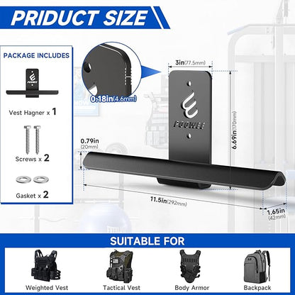 Weight Vest Hanger Wall Mount - Heavy Duty Steel Tactical Vest Wall Mount for Home Gym Gear, Weighted Vest Storage Rack for Backpacks, Body Armor Carrier, Weighted Vest Hook - Hold Up To 200Lbs