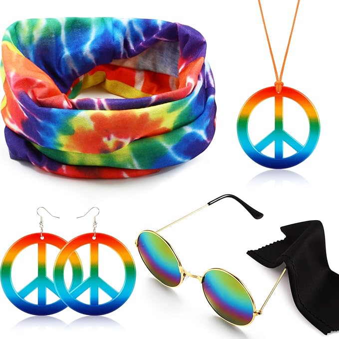Hicarer Hippie Costume Accessories Include Sunglasses, Peace Sign Necklace, Boho Headband and Earring for 60s 70s Party