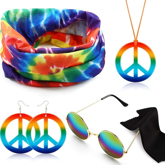 Hicarer Hippie Costume Accessories Include Sunglasses, Peace Sign Necklace, Boho Headband and Earring for 60s 70s Party