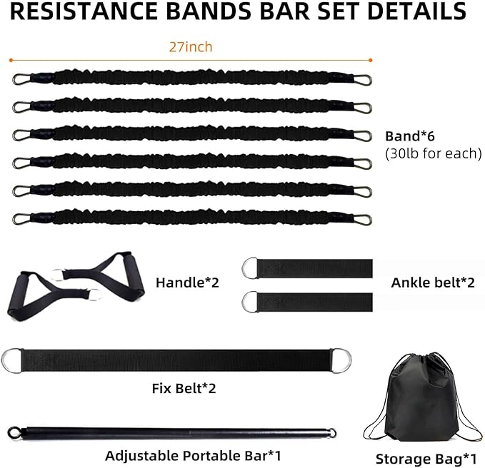 Resistance Band Bar Set, 3 Section for Working Out, Portable Home Gym Exercise Equipment for Men and Women with Handles Foot and Fix Straps