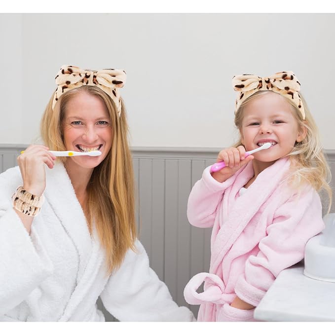 VELSCRUN Spa Headbands for Wash Face, Makeup Headband, Facial Skincare Headbands, 5 Pcs Brown Leopard Puffy Sponge Spa Headband Bow Tie Hair Band Hair Clips Wristband Set Women Girls Accessories