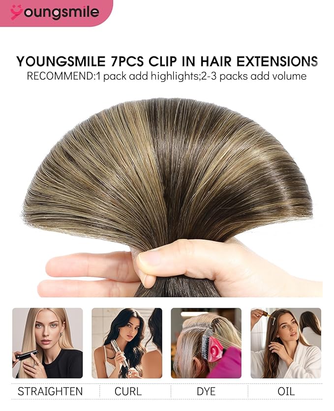 Youngsmile Clip in Hair Extensions Human Hair, Real Human Hair Extensions Clip in, Color 2 Darkest Brown Fading to 6 Chestnut Brown And 18 Ash Blonde,20 Inch 160 Gram 7 Pcs (7C#2/6/18-20Inch)