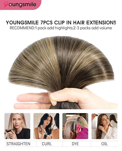 Youngsmile Clip in Hair Extensions Human Hair, Real Human Hair Extensions Clip in, Color 2 Darkest Brown Fading to 6 Chestnut Brown And 18 Ash Blonde,20 Inch 160 Gram 7 Pcs (7C#2/6/18-20Inch)