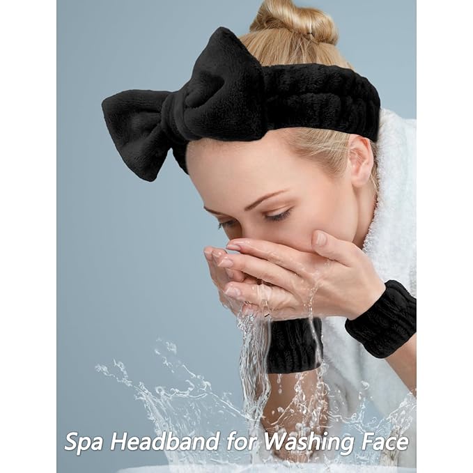 VELSCRUN Spa Headbands for Wash Face, Makeup Headband, Facial Skincare Headbands, 5 Pcs Black Puffy Sponge Spa Headband Bow Tie Hair Band Hair Clips Wristband Set Women Girls Accessories