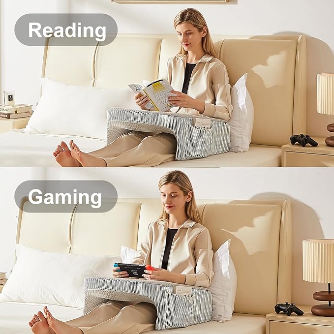 Reading Pillow for Bed, Petite Adults, Teens Arm Rest Pillow, Reading Lap Pillow, Memory Foam Lap Desk Pillow for Reading, Working, Playing, Crocheting in Bed Couch(Ash Grey)