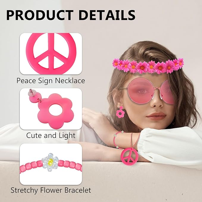 Hippie Costume Accessories Set Peace Sign Necklace Sunglasses Flower Headband Earrings for 60s 70s Outfit Party Women