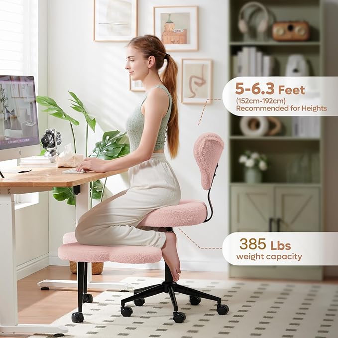 Ergonomic Cross Legged Chair, 360° Swivel Meditation Chair with Wheels, Height Adjustable Seat for ADHD, Strong Lumbar Support, Chic Home Office Furniture, Teddy Fabric, Pink