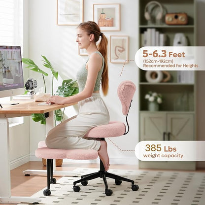 Ergonomic Cross Legged Chair, 360° Swivel Meditation Chair with Wheels, Height Adjustable Seat for ADHD, Strong Lumbar Support, Chic Home Office Furniture, Teddy Fabric, Pink