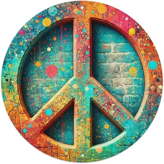 Fun Peace Symbol Tin Sign Vintage Round Metal Sign Indoor/Outdoor Wall Decor Metal Poster 8x8 Inch