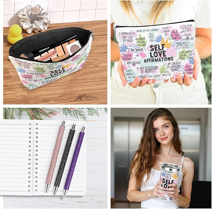 jeilink Positive Affirmations Self Love Mental Health Gifts Inspirational Gifts for Women Wife Sister Grandma Birthday Appreciation Anniversary, 20oz Tumbler Makeup Bag Ballpoint Pen Notebook 6PCS