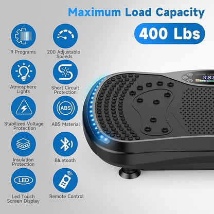 Vibration Plate Exercise Machine for Lymphatic Drainage, Vibration Machine for Full-Body Weight Loss Shaping, Vibrate Fitness Platform 400 Lbs & 200 Adjustable Speeds for Women Men Home Gym