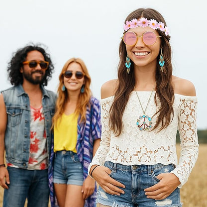 Hicarer Hippie Costume Accessories Include Sunglasses, Peace Sign Necklace, Boho Headband and Earring for 60s 70s Party
