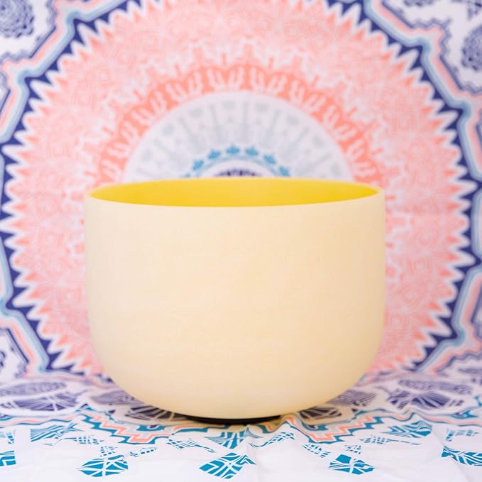 ENERGYSOUND 432Hz Perfect Pitch E Note Solar Plexus Chakra Yellow Colored Frosted Quartz Crystal Singing Bowl 10 inch mallet & o-ring included