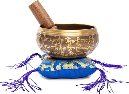Tibetan Singing Bowl Set - Easy To Play Authentic Handcrafted For Meditation Sound Bowl Chakra Yoga Healing 4 Inches By Himalayan Bazaar (Brown & Blue)