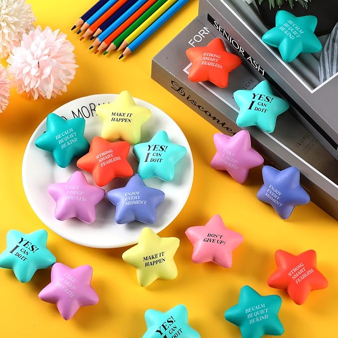 Sotiff 100 Pack Star Stress Balls Bulk Stress Relief Balls with Motivational Quotes Mini Inspirational Foam Party Favors Gifts for Kids Adults Anger Fidget Relief Exercise(Cute Colors)