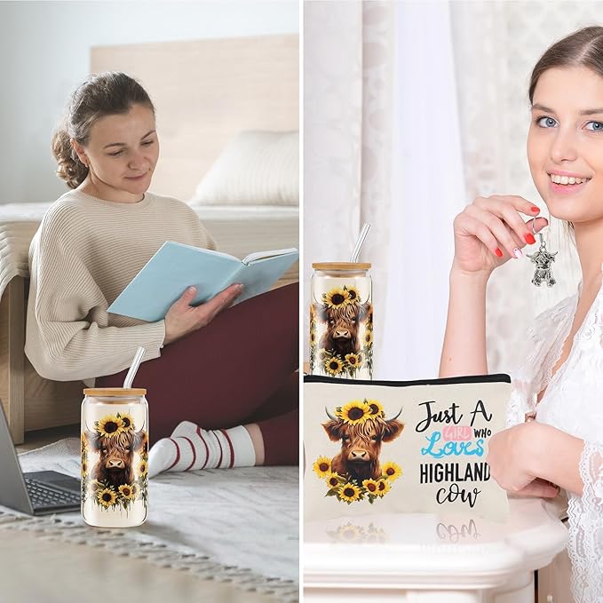 SAIWEILAI ONLINE 6 Pieces Highland Cow Gifts Set for Women Highland Cow Lovers 16oz Glass Cups Just a Girl Who Loves Highland Cows Makeup Bag Socks Keychain Earrings and Gift Box for Sister Friends