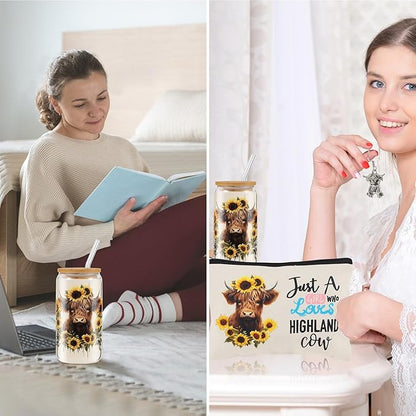 SAIWEILAI ONLINE 6 Pieces Highland Cow Gifts Set for Women Highland Cow Lovers 16oz Glass Cups Just a Girl Who Loves Highland Cows Makeup Bag Socks Keychain Earrings and Gift Box for Sister Friends