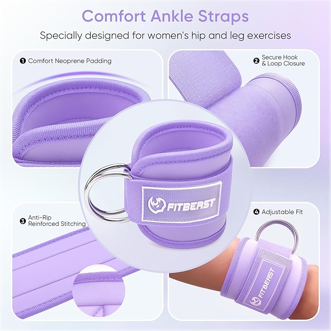 FitBeast Ankle Straps for Cable Machines Women, Glute Kickback Ankle Strap Set with Gym Handles for Cables & Ankle Cable Straps for Workout - Gym Attachments for Cable Machine