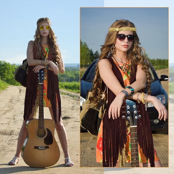 6 Pcs 60s 70s Outfits for Women Hippie Costume Set Peace Sign Earring Headband Fringe Vest Tassel Cardigan