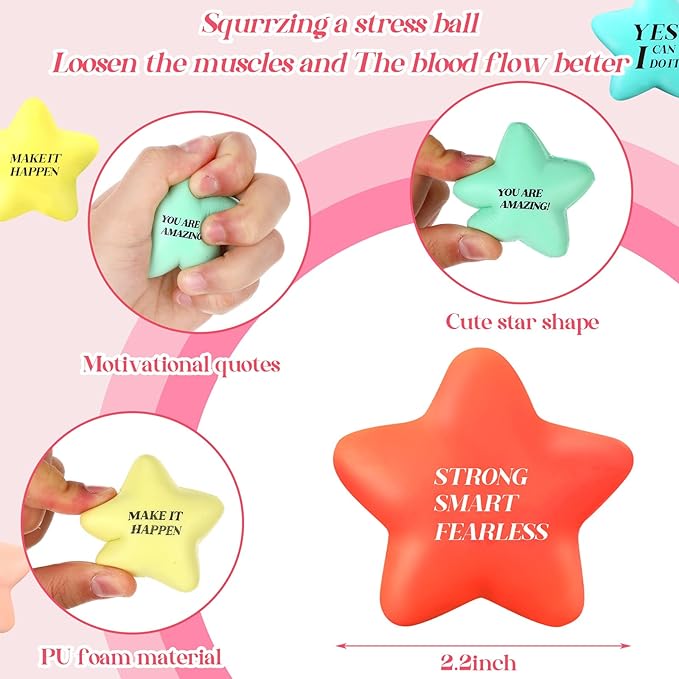 Sotiff 100 Pack Star Stress Balls Bulk Stress Relief Balls with Motivational Quotes Mini Inspirational Foam Party Favors Gifts for Kids Adults Anger Fidget Relief Exercise(Cute Colors)