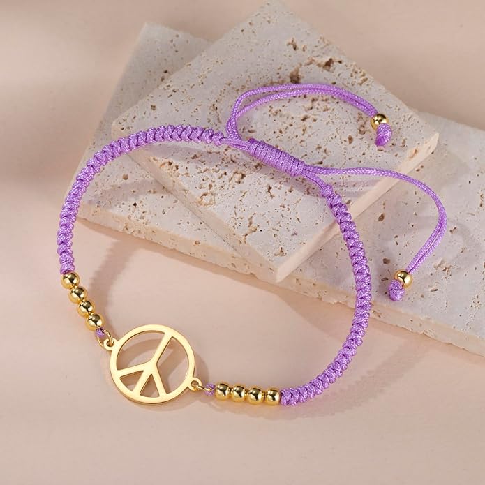 LIKGREAT Peace Sign Pendant Bracelet for Women Peace Symbol Adjustable Handmade Braided Wax Cords Beaded Bracelet